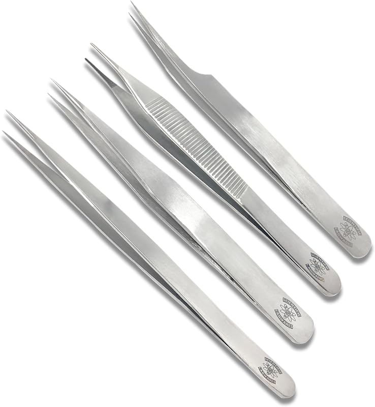 Precision Toolkit: 4-Piece Set with Tweezers and Forceps -Offset Fine Tip, Straight Fine Tip, Strong Pointed Tips, Adson Dissecting Forceps - Essential for Lab & Medical