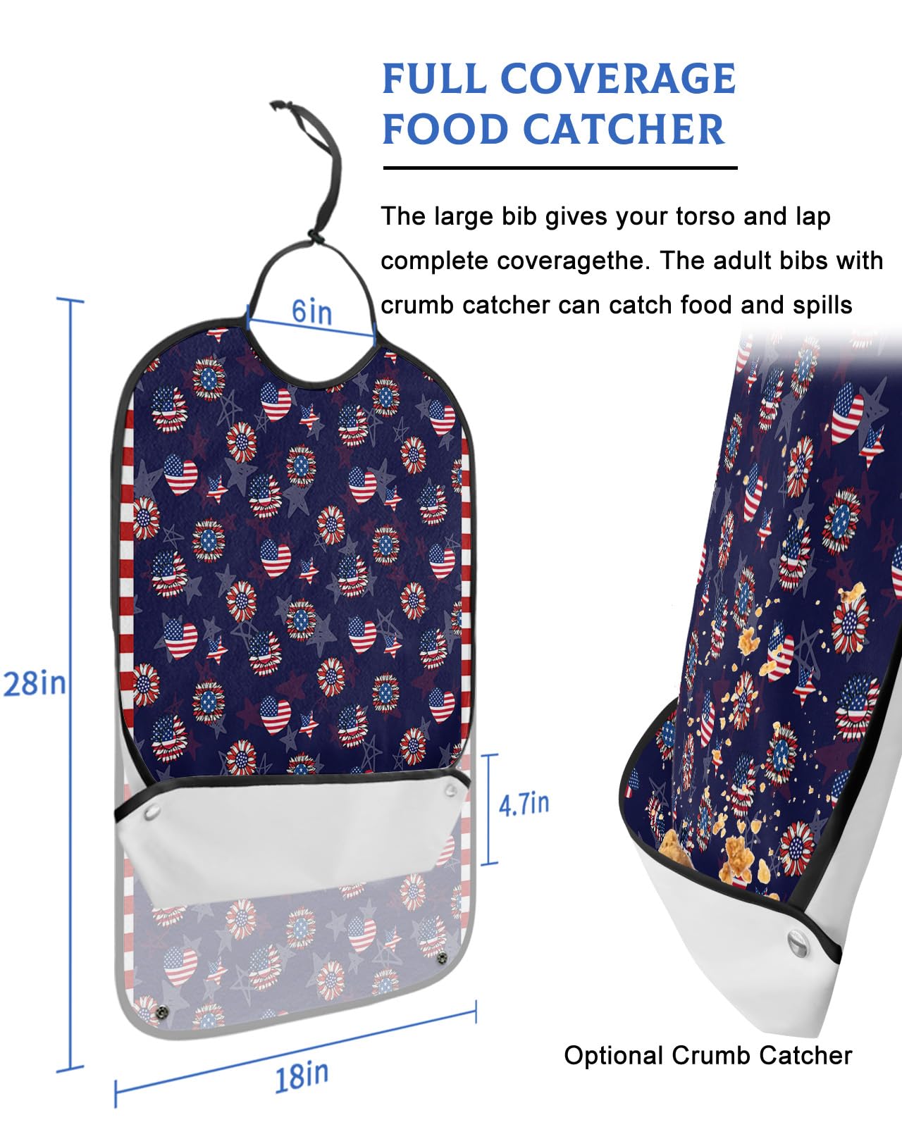 4th of July Adult Bib for Eating with Crumb Catcher,Washable & Waterproof Terry Cloth Adjustable Elderly Women Men Adult Bibs Funny Apron Clothing Protector Love Flower Star Stripe Stripes Stars Flag