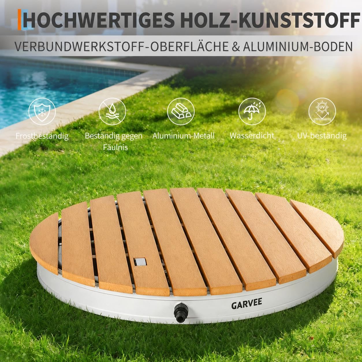 Premium WPC Saunadusche Sommer Pooldusche, Gartendusche Rund mit Fußrad, Außendusche Witterungsbeständig & rutschfest für Spa, Terrasse & Pool, Braun