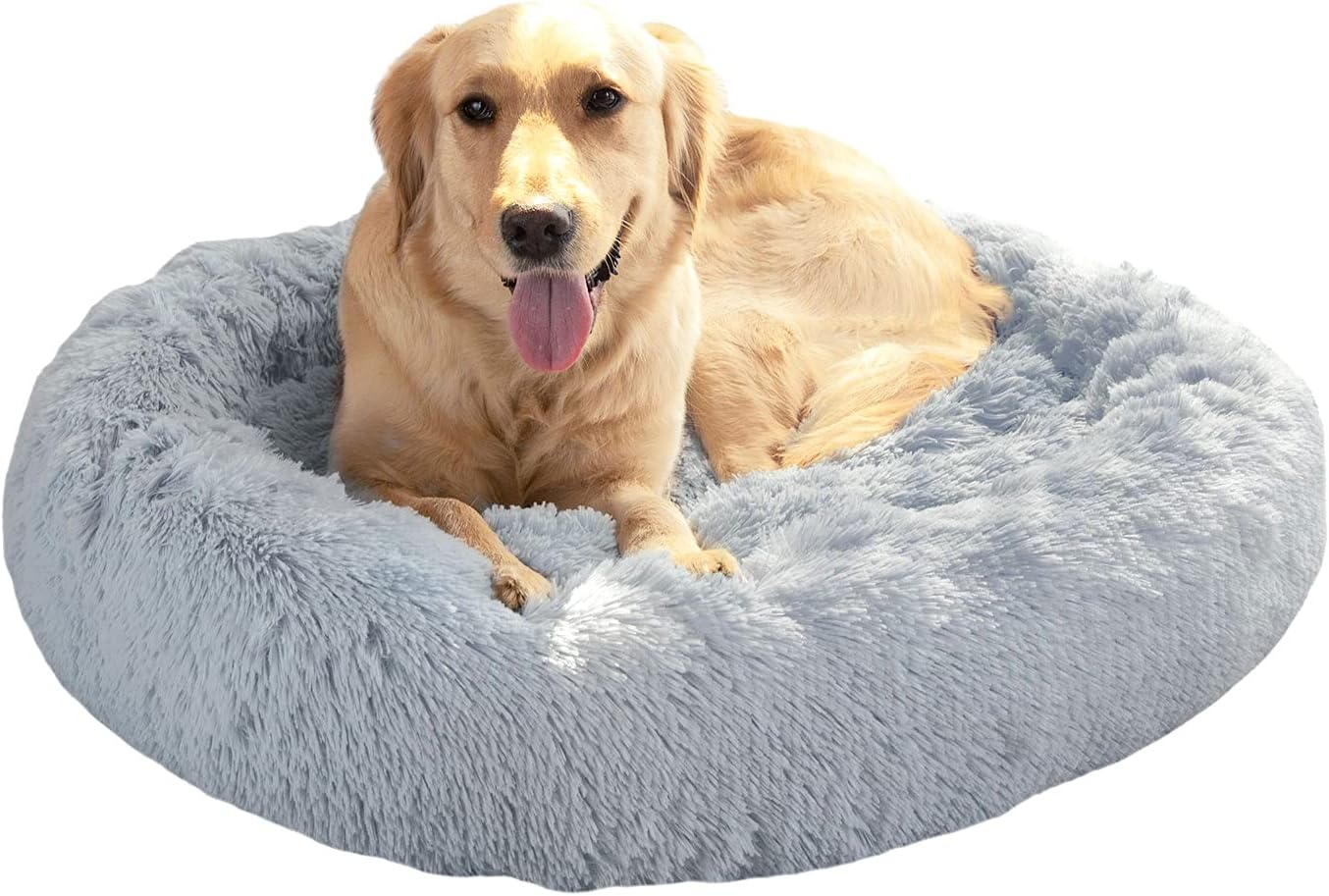 Veehoo Warming Round Dog Bed for Medium Dogs & Cats, Luxurious Faux Fur Donut Cuddler, Bolster Pet Bed & Sofa, Extra Plush Dog Pillow & Couch, Machine Washable, Grey