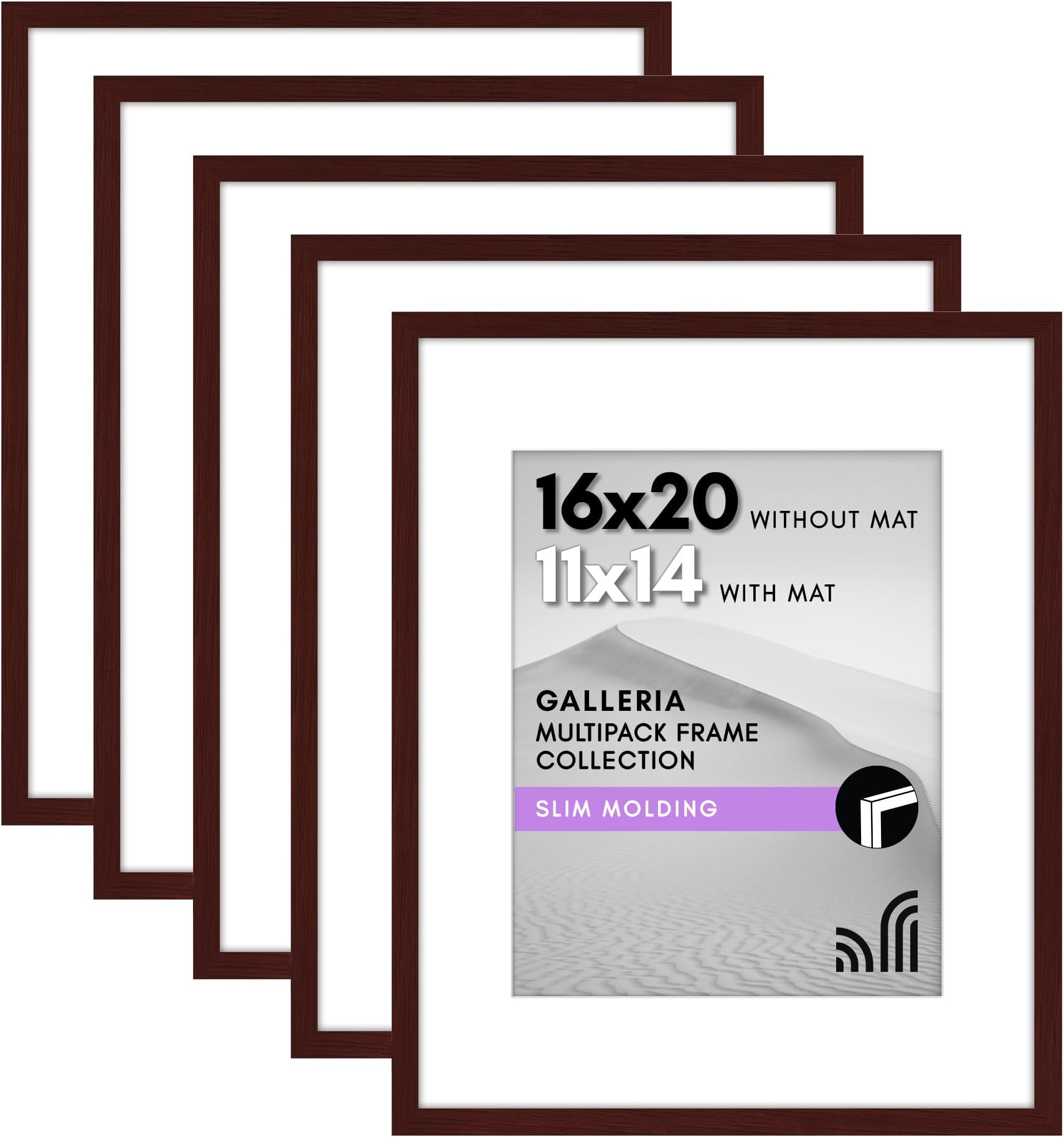 Americanflat 16x20 Picture Frame with Polished Plexiglass - Set of 5 - Use as 11x14 Frame with Mat or Display 16x20 Photo Without Mat - Galleria Collection - Picture Frames for Wall Display - Mahogany