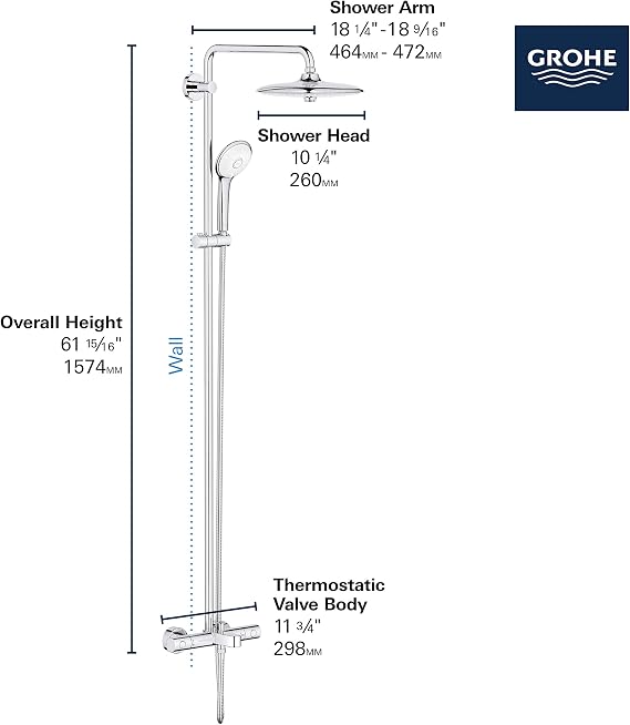 GROHE 26177002 Euphoria 260 Thermostatic Bath/Shower System, 1.75 gpm, Starlight Chrome