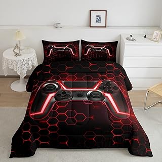 Erosebridal Game Bedding Set for Boys,Gaming Comforter Set Twin,Kids Gamer Duvet Insert Neon Lights Gamepad Bed Quilt for Teen Men Bedroom,Geometry Honeycomb Hexagon Bedroom Decor,Black Red