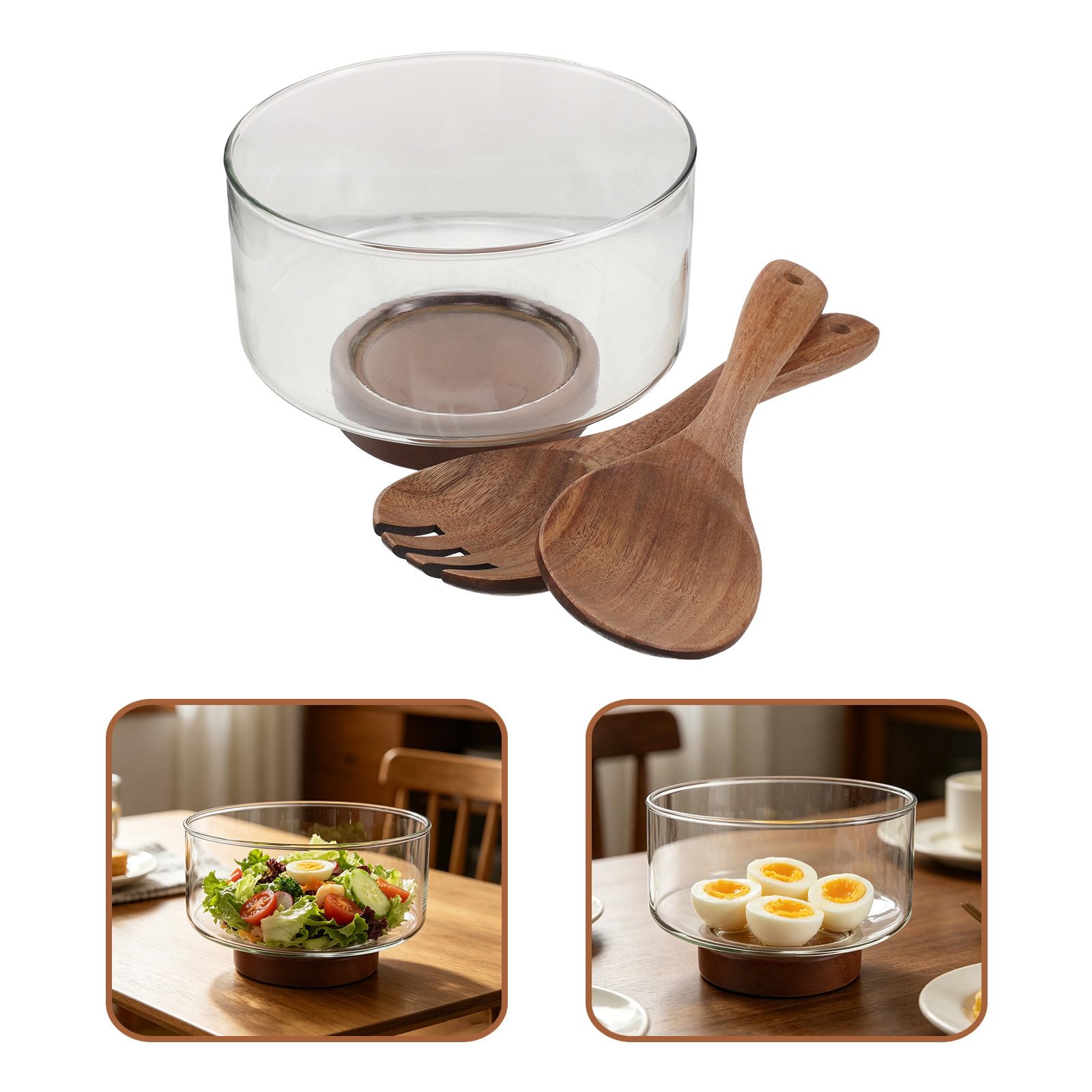MAGICLULU Bol de Ensalada de Vidrio con Base de Madera, Capacidad de 1.7l, Resistente Temperatura y Fácil de Limpiar, Adecuado para Servir Ensaladas en Cocina Moderna
