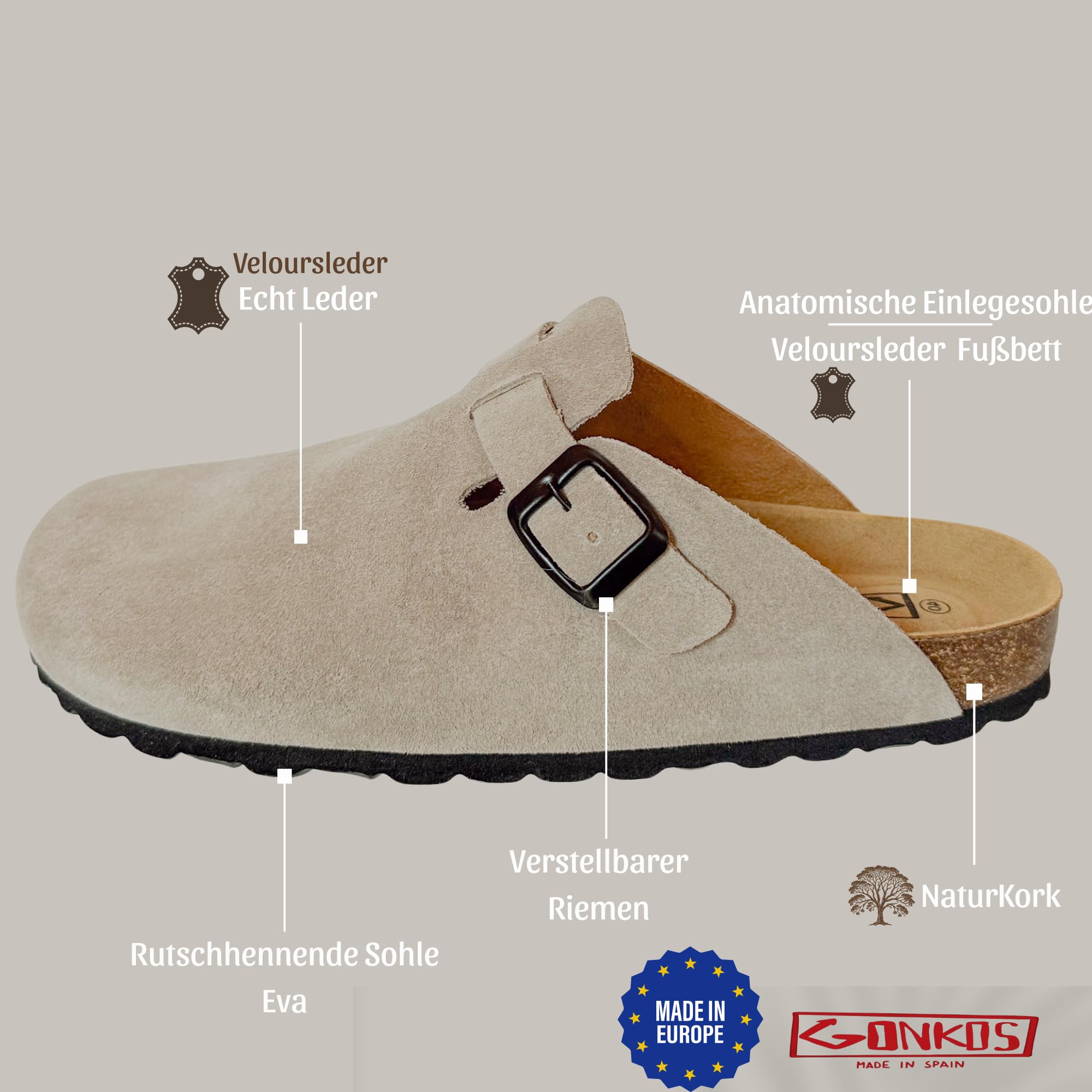 Lederclogs mit Kork Einlegesohle, Echtes Leder, Naturkork, verstellbare Schnalle am Fuß, Herren/Damen Sandalen, rutschfeste Eva-Sohle, Qualitätssandalen Made in Spain
