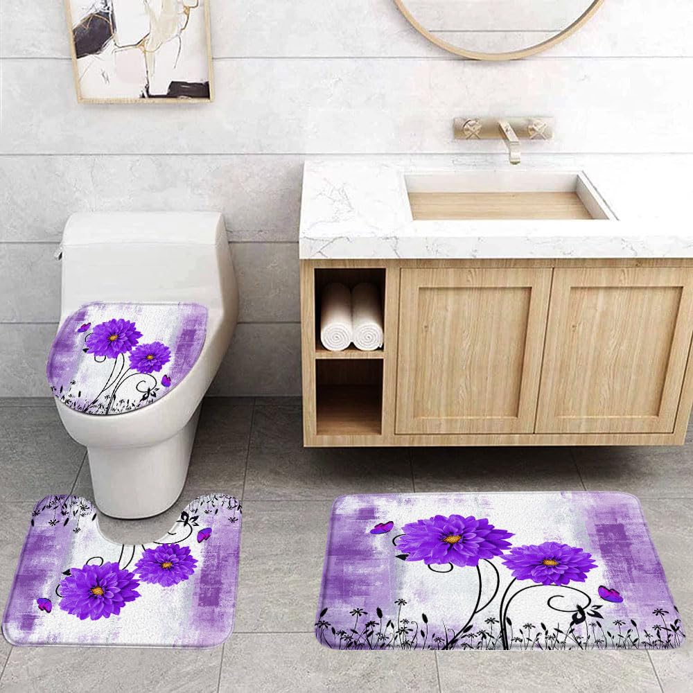 VPUPCN Farmhouse Floral 3 Pcs Bath Rugs Set,Rustic Dahlia Flower Butterfly Vintage Wooden Board Country Bathroom Kitchen Rug with 16