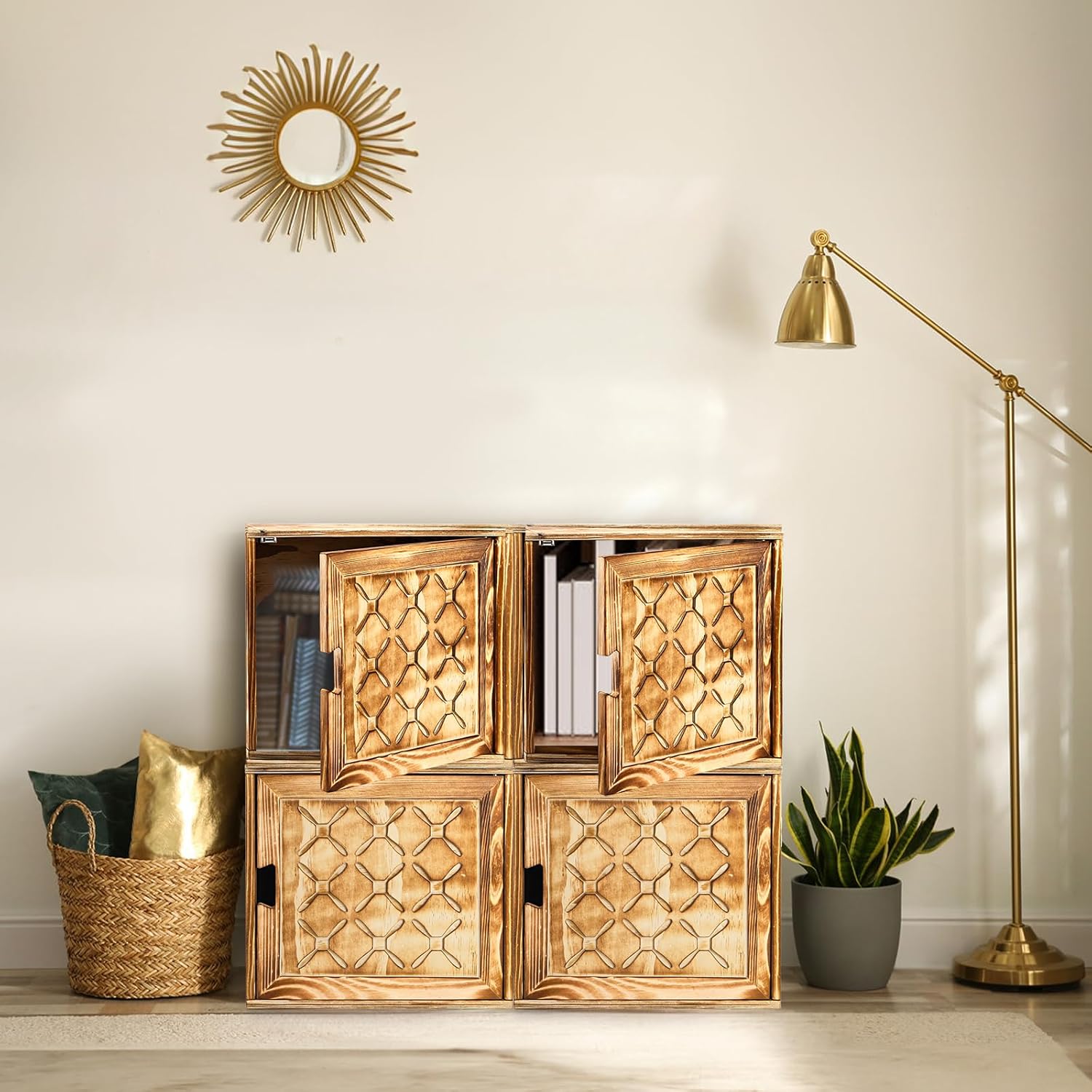 Fasmov Cube Storage Organizer, Wooden Cube Bookshelf, Stackable Connect Storage Cube Cubby Organizer with Door, Stackable Cubes Bin for Kitchen, Living Room, Bedroom, Home and Office