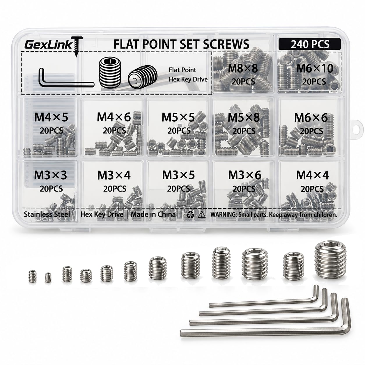 240 PCS Flat Point Set Screw Assortment Kit, Stainless Steel Hex Socket Set Screws with Allen Key, 12 Sizes M3 M4 M5 M6 M8 Grub Screws for Machinery, Shaft Collars, Pulleys and Equipment Repair