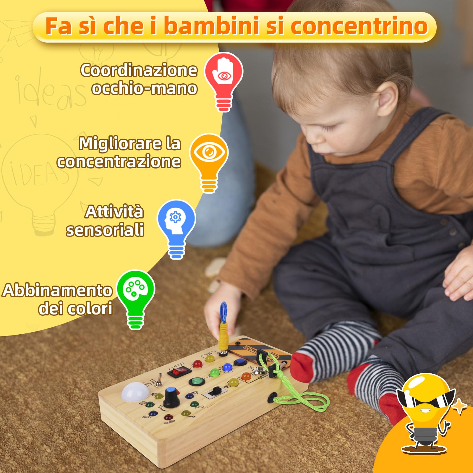 Yitical Montessori Giochi Bambini 1 Anno 2 3 Anni, Busy Board per attività in Legno Gioco con 8 Interruttori 15 Luci a LED, Regalo Bambino 1 Anno