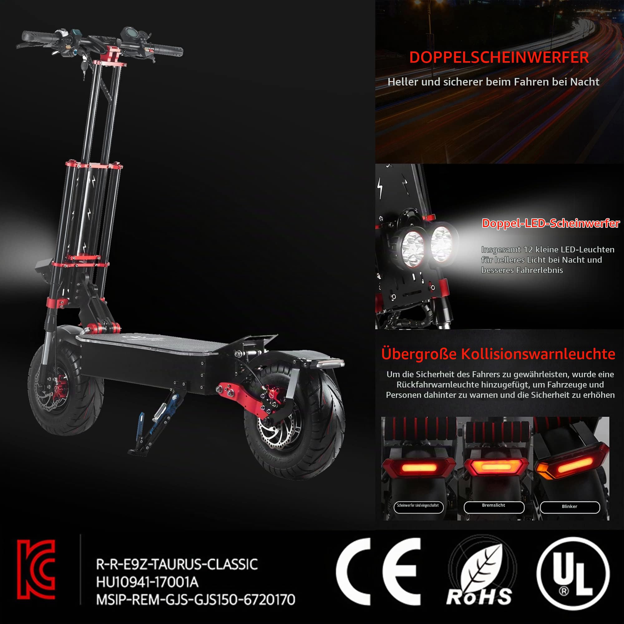 HWWH Elektroroller Erwachsene leistungsstark Offroad Elektroscooter Elektro Roller E Scooter für Gelände Doppelmotor Extrabreite 13 Zoll Reifen 60V43Ah Lithium-Akku