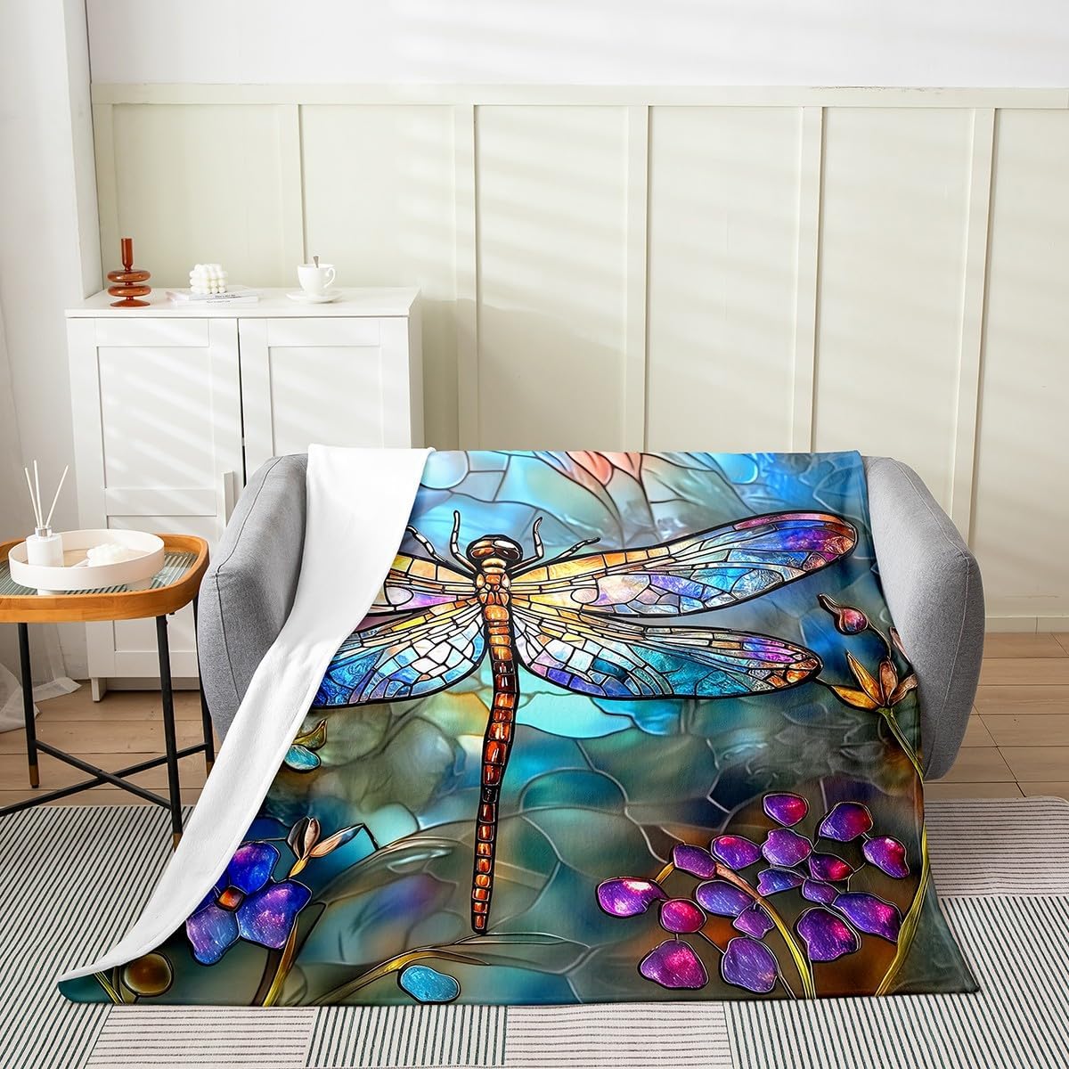 Erosebridal Stained Glass Flannel Blanket Queen Inch Dragonfly Fleece Blanket Colorful Geometric Floral Pattern Fuzzy Plush Throw Bug Dragonflies Purple Blue Living Room Decor