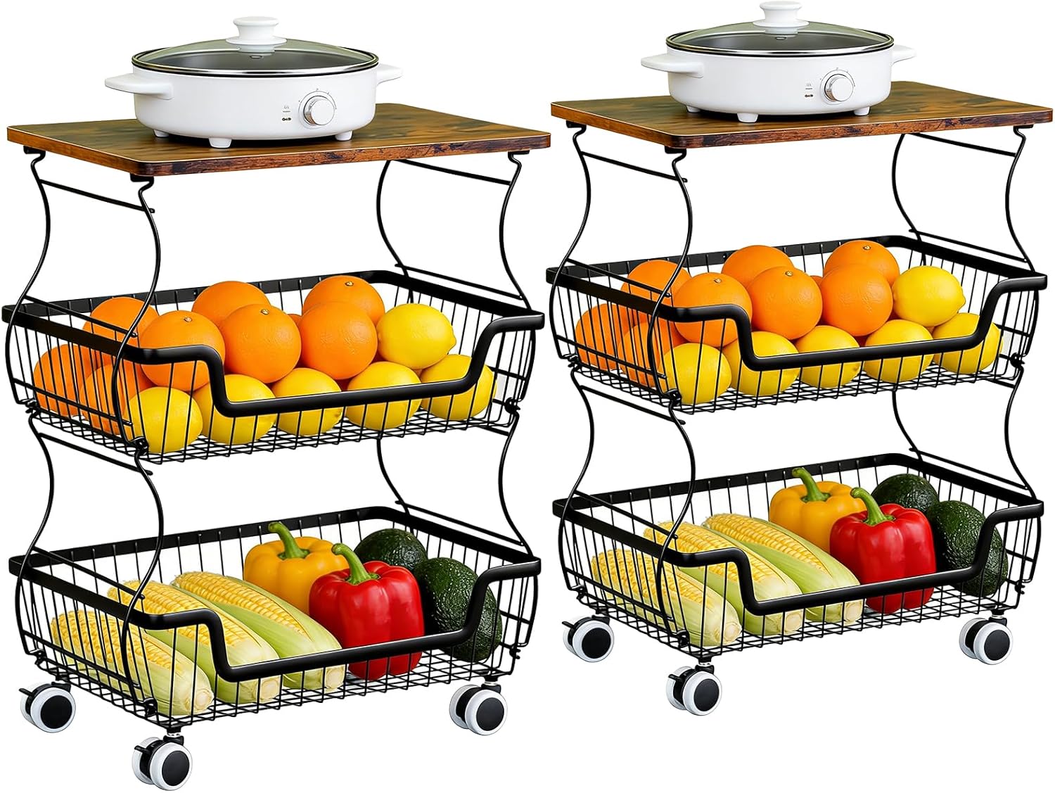2 Pack Pantry Floor Organizeron with Wheels, 3 Tier Rolling Fruit Vegetable Basket for Kitchen Stackable Wire Basket Stand for Home Removable Metal Vegetable Rack Wire Snack Cart