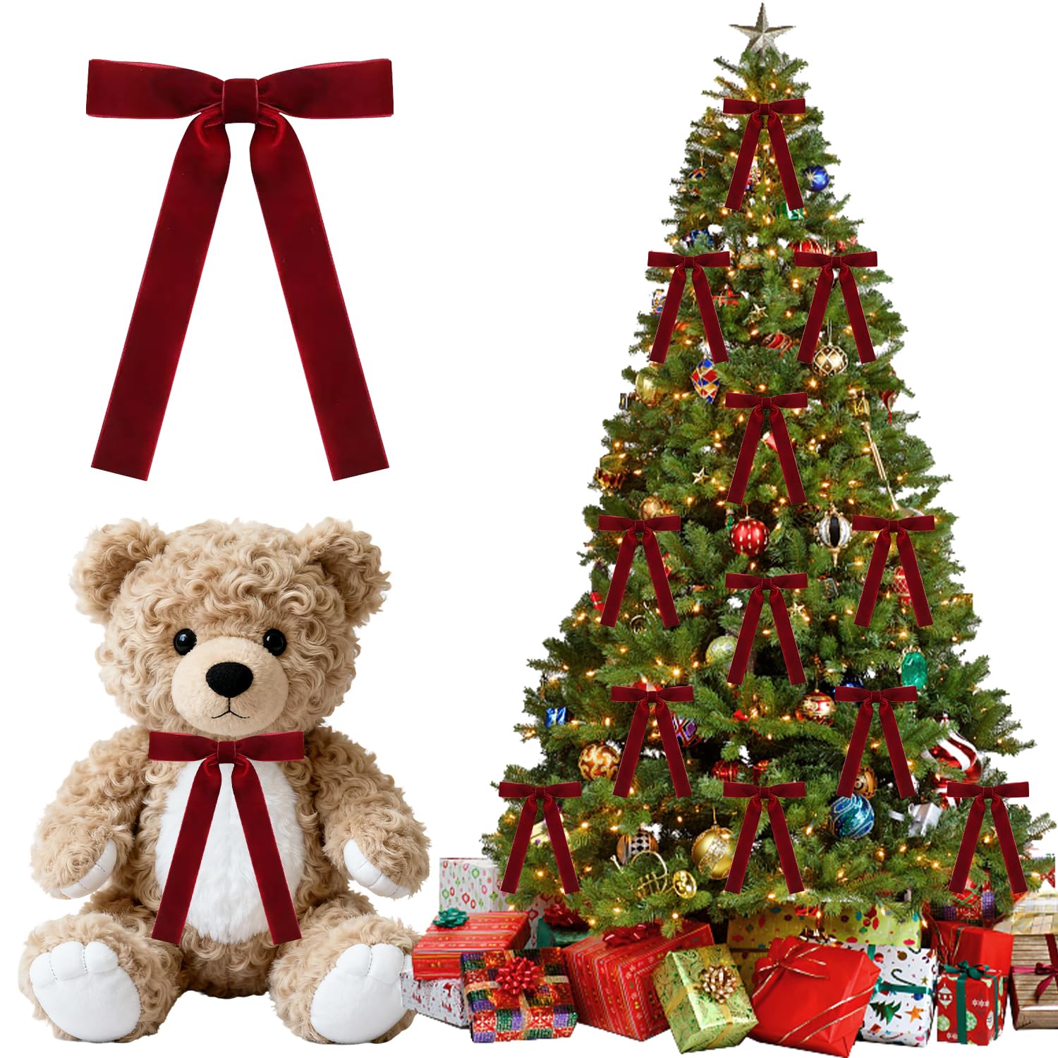 24 Pack Christmas Tree Bows, 5x7 Inch Burgundy Velvet Twist Ties