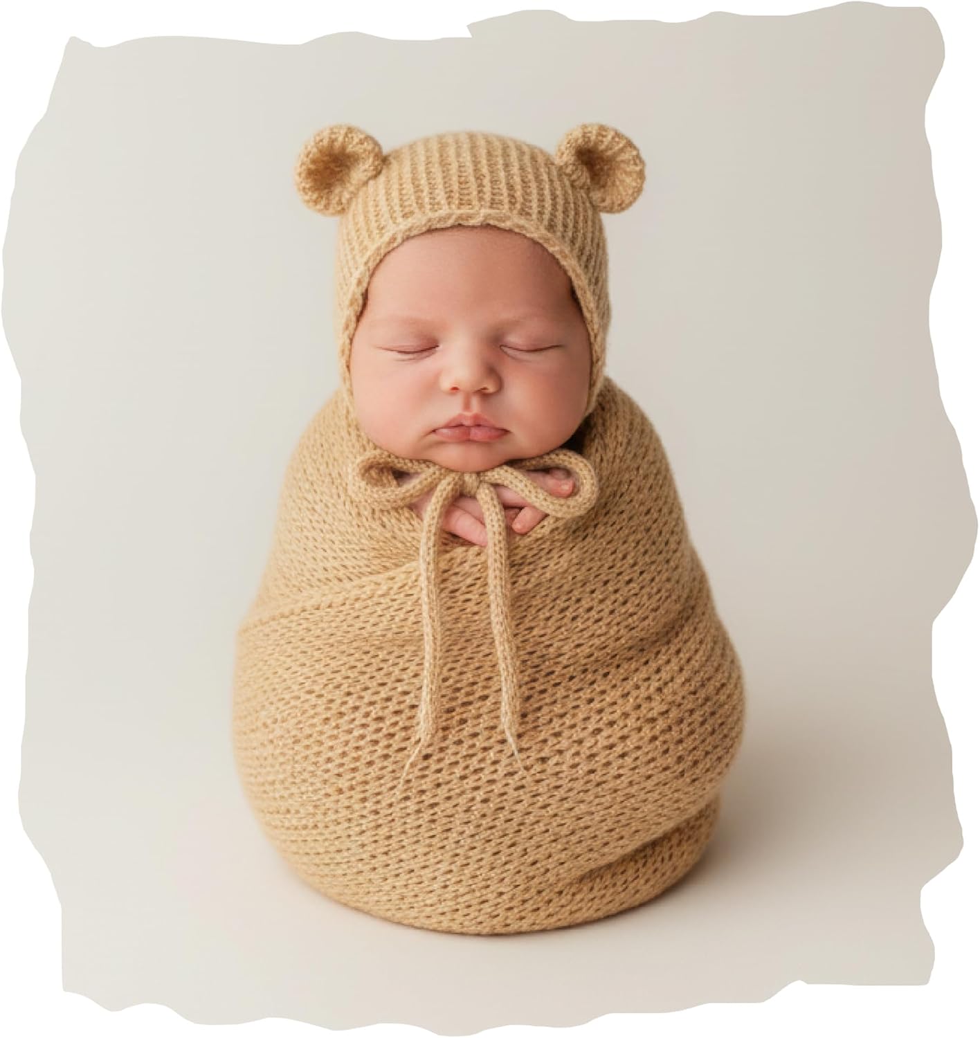 Baby Photography Props Infant Boy Girl Outfits - Crochet Knit Mohair Wrap Blanket & Bear Hat for Newborn Photo Shoots(Beige)