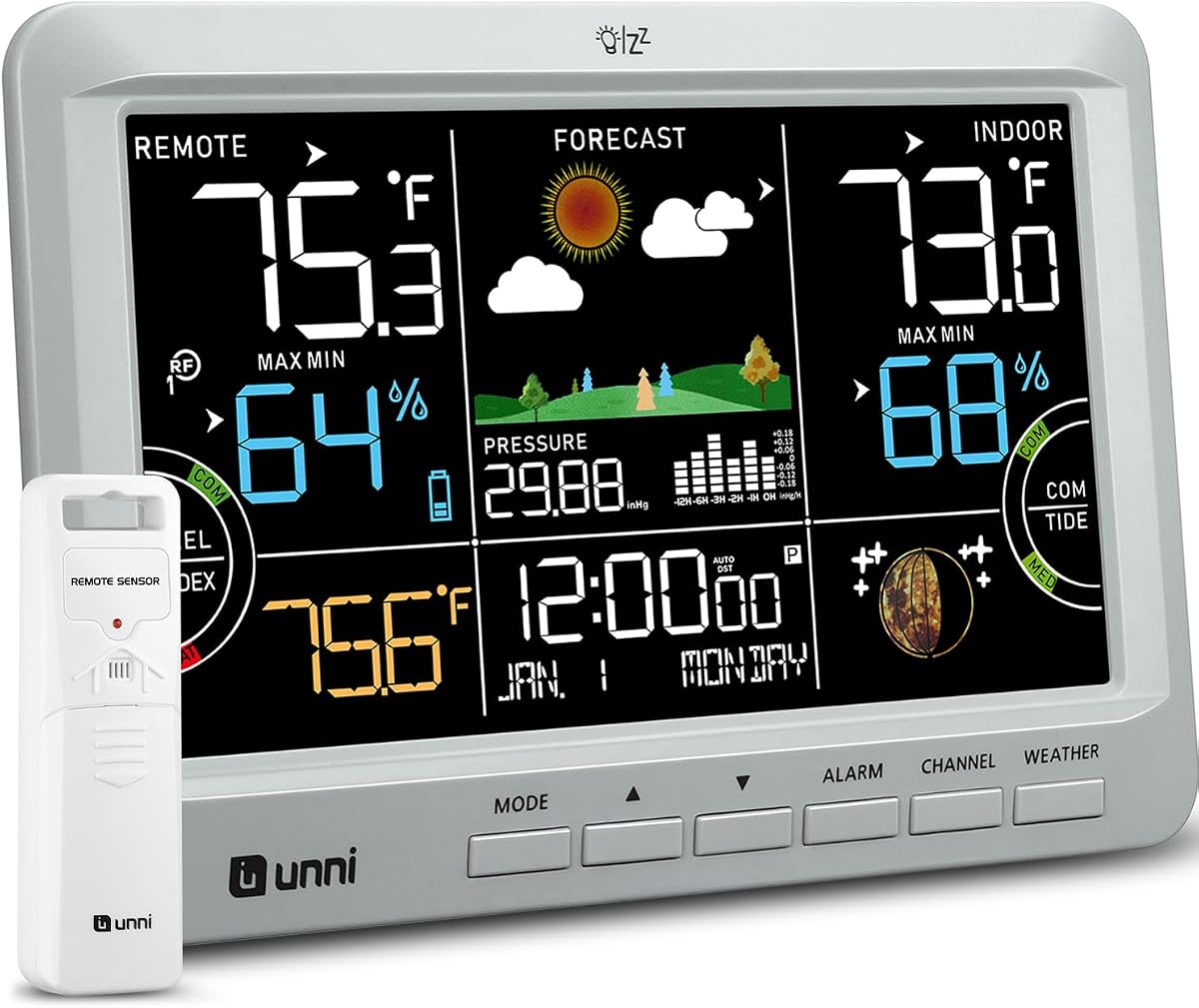 Weather Station Indoor Outdoor Thermometer Wireless Atomic Clock Grey | Always-On 7.5'' Constant Display, Inside Outside Thermometer Temperature Humidity Monitor, Dew Heat Point, Barometer