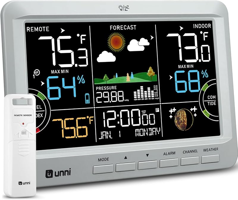 Weather Station Indoor Outdoor Thermometer Wireless Atomic Clock Grey | Always-On 7.5'' Constant Display, Inside Outside Thermometer Temperature Humidity Monitor, Dew Heat Point, Barometer
