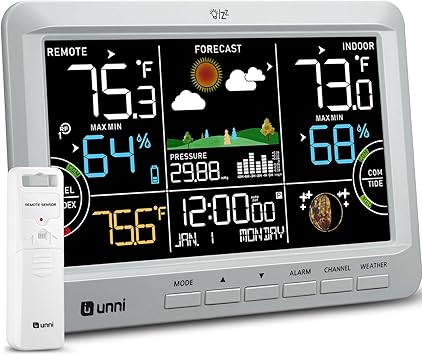 Weather Station Indoor Outdoor Thermometer Wireless, Home Atomic Clock with Large Constant Display, Inside Outside Temperature Humidity Monitor, Dew Heat Point, Barometer Grey