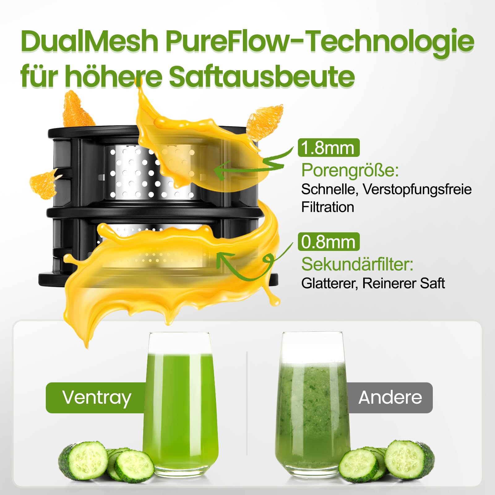 Ventray Ginnie Slow Juicer Entsafter | Elektrische Saftpresse mit 120mm Einfüllschacht für ganze Früchte & Gemüse | Doppelte Filterung | BPA-frei und einfach zu reinigen (Elfenbein)