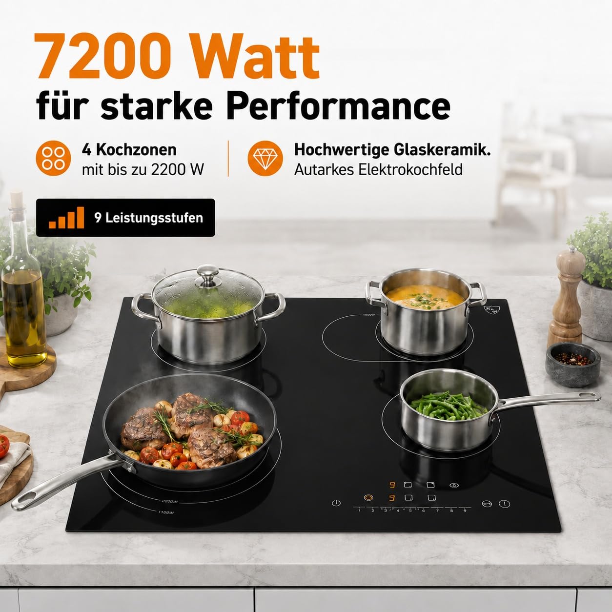 K&H Glaskeramikkochfeld NC-7206 60 cm 7200 Watt 4 Zonen 9 Leistungsstufen Starkstrom-Anschluss