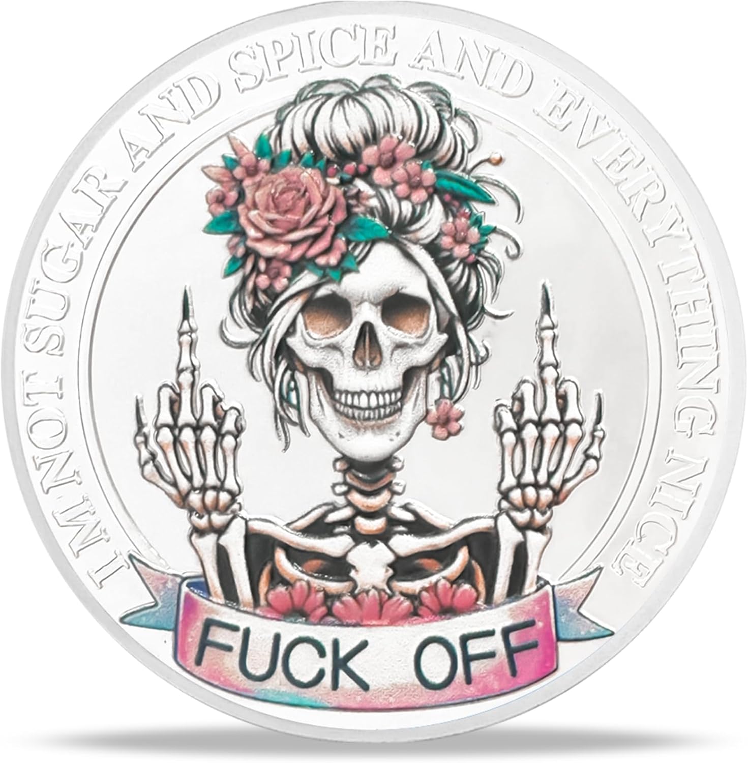 Floral Skeleton Middle Finger Coin | Bold Statement Medallion with Intricate Skull and Flower Design | Ideal for Display or Novelty Gifts | Comes with Protective Capsule