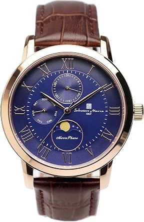 Salvatore Mala SM21106-PGBLBR Moonphase Multi-Calendar, Water Resistant to 5 ATM, Business, Formal, Mens Leather Belt, Limited Model, Pink Gold, Blue, Brown Leather