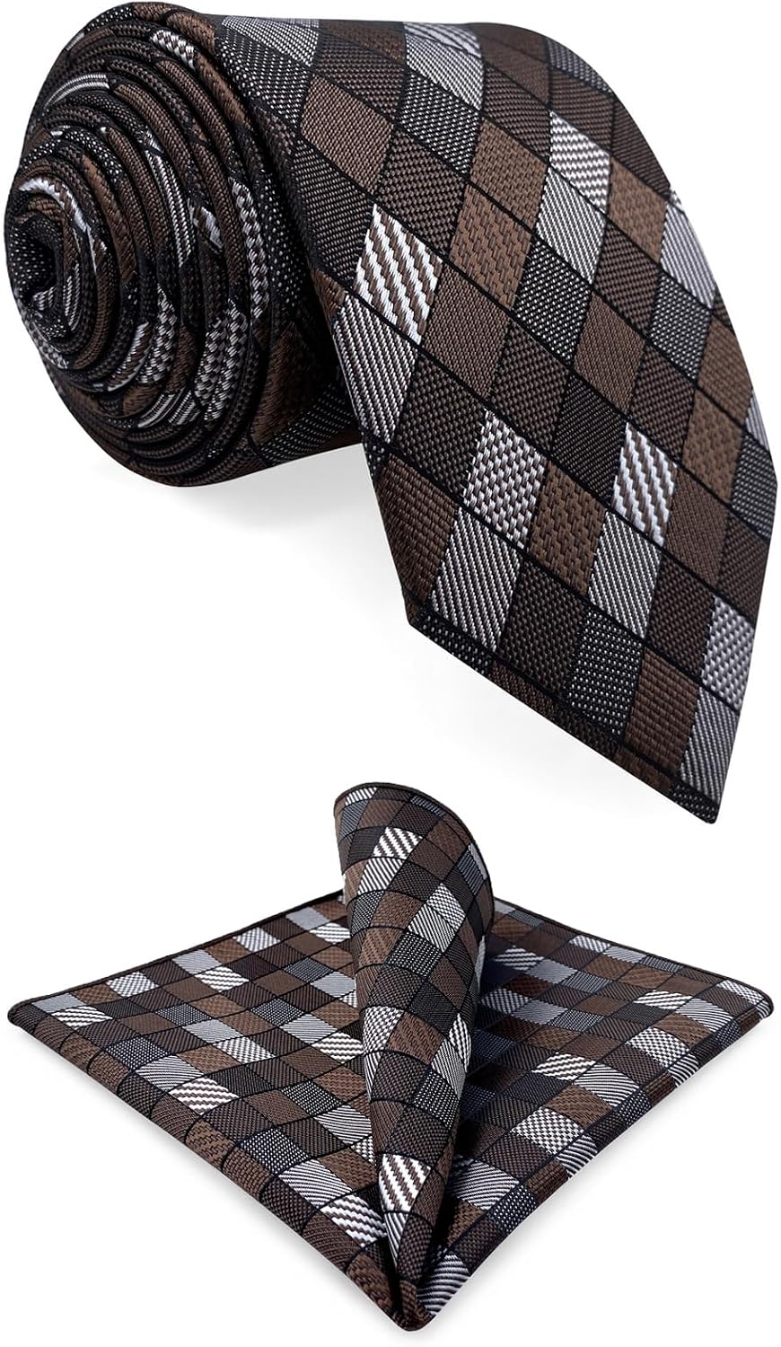 S&W SHLAX&WING Neckties Set for Men Plaid Mocha Brown Grey Checked Suit Accessory Mens Tie Hanky Business Wedding