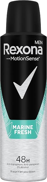 Rexona Men MotionSense Stay Fresh Marine dezodorant w sprayu  antyperspirant z 48-godzinną ochroną przed silnym poceniem się i zapachem ciała  150 ml (1 opakowanie)