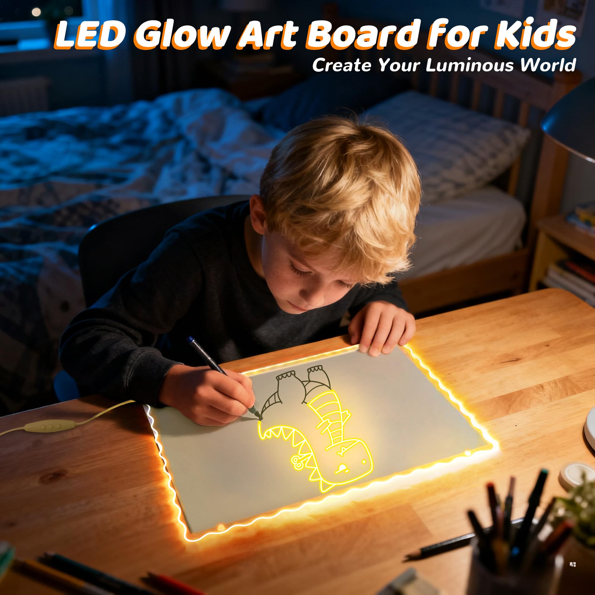 Ammonite LED Zeichenbrett, Leuchtendes Zeichenbrett für Kinder mit Fernbedienung, 35x25cm Abwischbare Acryl Schreibtafel Kinder, Dimmbares und mehrere Farben, für Maltafel,Memo,Werbung, Wanddekoration