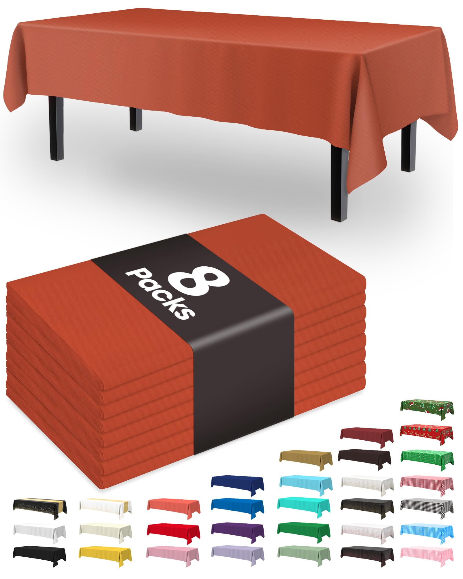 Pureegg Plastic Table Cloth Disposable 8 Pack, 54 x 108 Inch Table Cloths, Easter Party, Picnic, Wedding, Decorative Tablecloths, Fall Thanksgiving Plastic Cover, Leakproof &amp; Sturdy, Terracotta