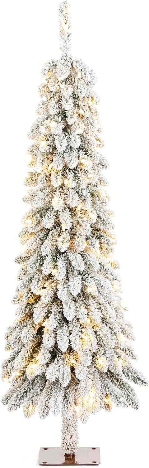 Glitzhome 4.5ft Pre-Lit Artificial Pencil Christmas Tree, Flocked Porch Tree with 100 Warm White/Multi-Color C3 LED Lights& Foot Pedal, Ideal for Indoor Outdoor Porch Decor Holiday Decor