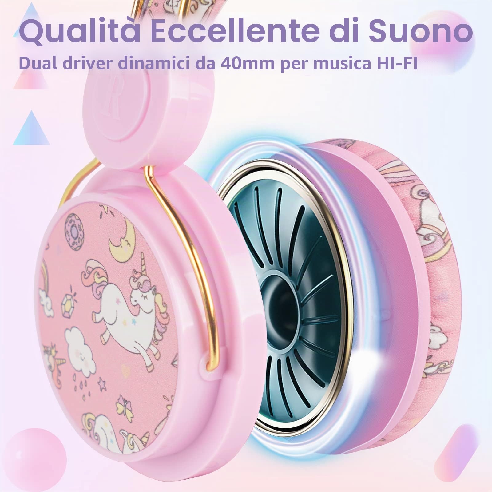 JYPS Cuffie Bambina, Cuffie Per Bambini Unicorno Con Filo e Microfono, Suono HD Stereo, Musica Bambino Headphones Over Ear Pieghevoli Per Ragazza, per Scuola/Tablet/PC