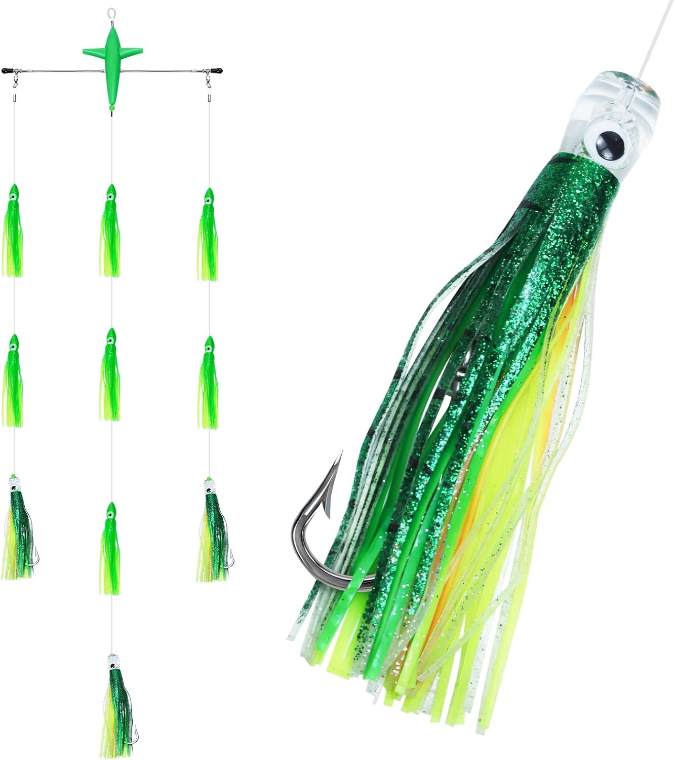 Squid Daisy Chain Trolling Rig with Bird Teaser, 250lb Mono, Offshore with Glow Squids for Saltwater Tuna Marlin Mahi Sailfish