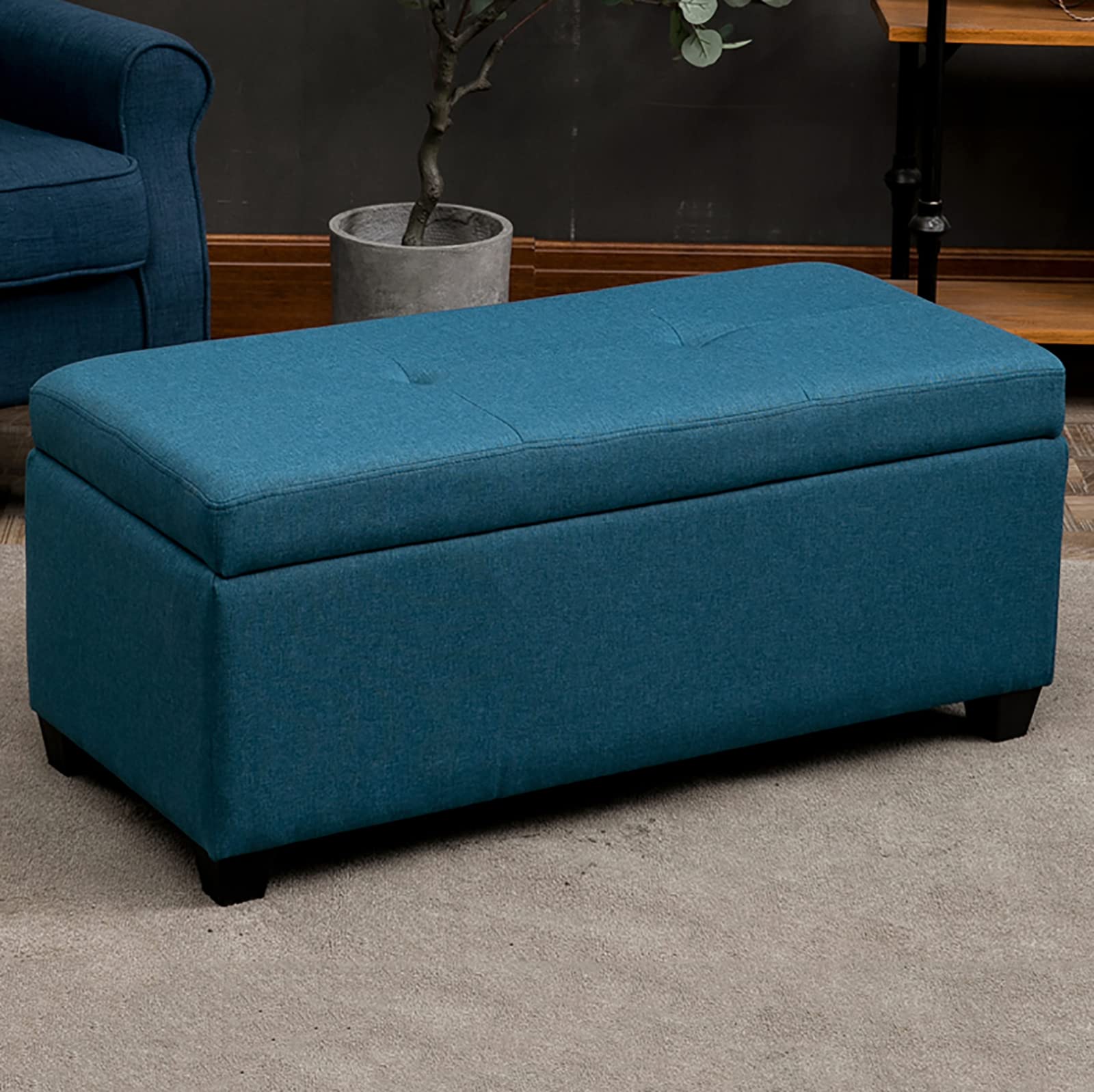 Banc de rangement touffeté en lin bleu marine 100 cm avec housse amovible pour salon et chambre