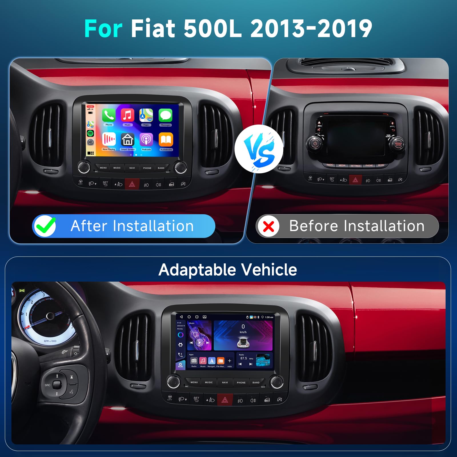 Hodozzy 4G+64G Android Autoradio per Fiat 500L 2013-2019 Radio Carplay Android Auto Wireless, 2 Din Schermo 9 Pollici Touch Screen Stereo GPS Navigatore WiFi Bluetooth DSP FM RDS Canbus Retromarcia