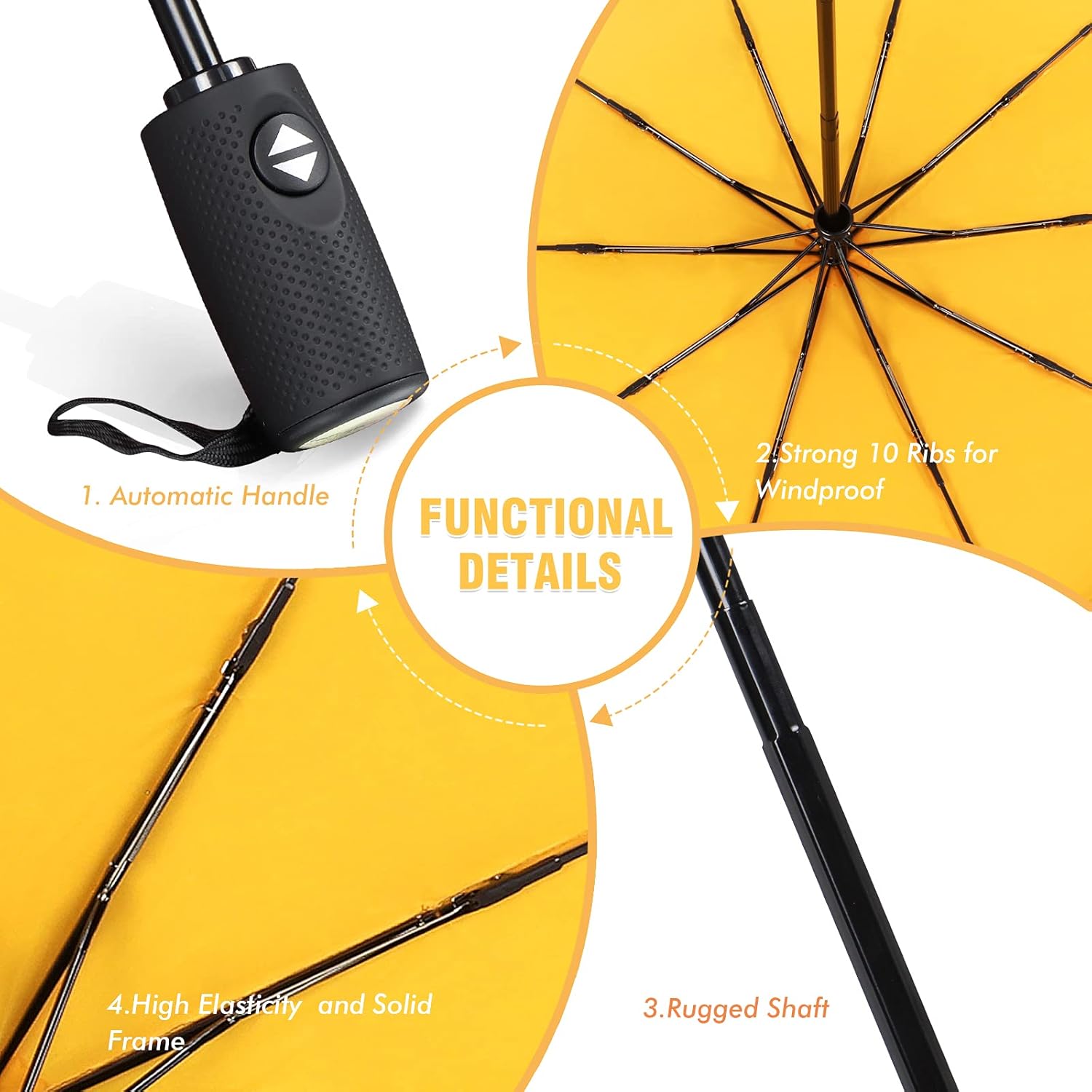 ZOMAKE Folding Umbrella for Rain, Automatic Compact Umbrella Waterproof Windproof, Portable Parapluie 45 Inch Solide 10 Ribs(Yellow) - Image 3