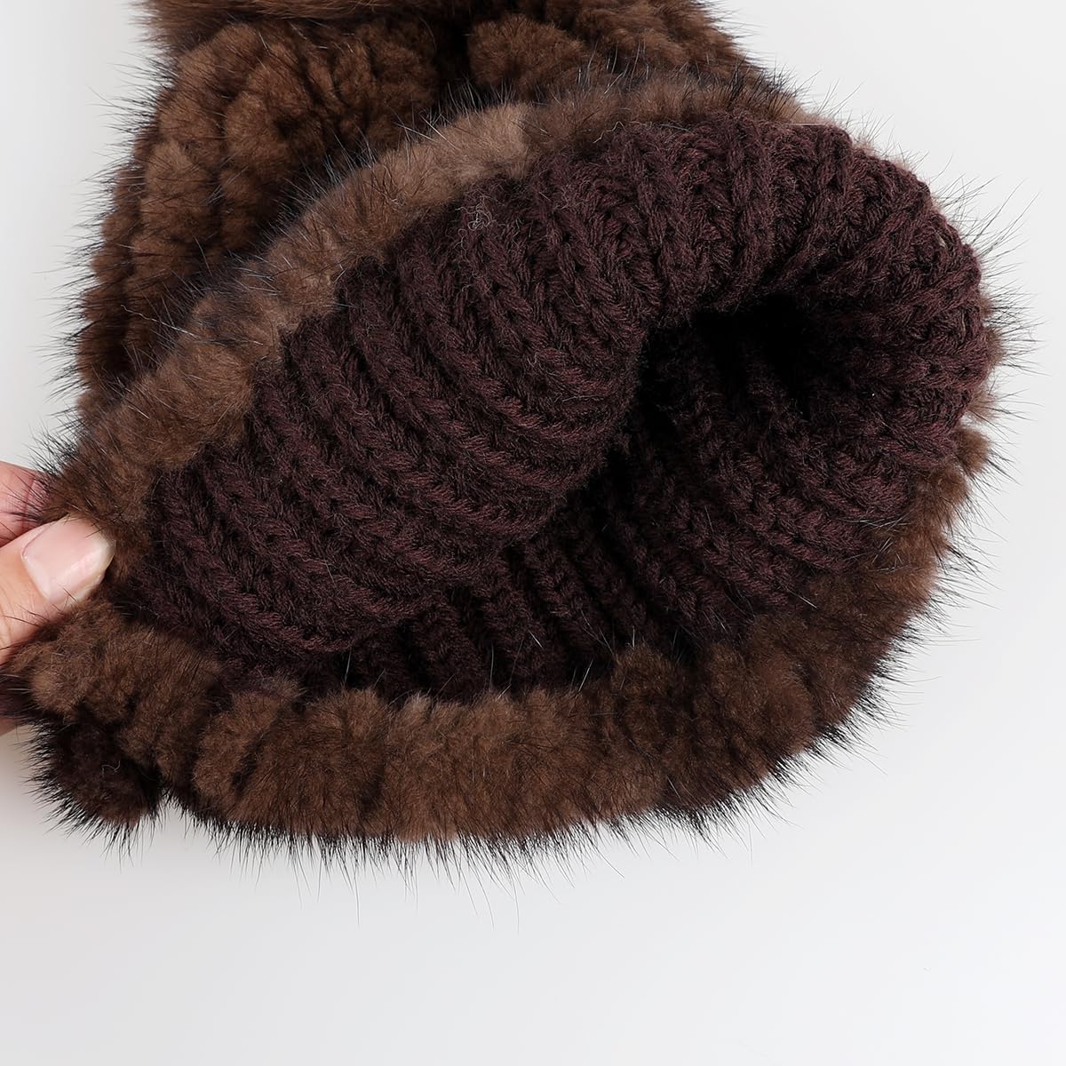 Genuine Mink Fur Knit Beanie Hat with Fox Fur Pom Pom, Luxury Winter Wear, Unisex Adult, Stretchy Elastic Fit