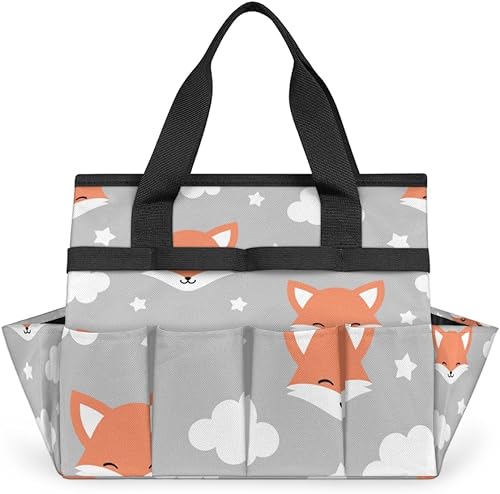 Cartoon Animal Fox Garden Tool Tote Bag for Women Men Gardening Tool Storage Bags with 10 Pockets Standable Garden Home Tool Kits Organizer for
