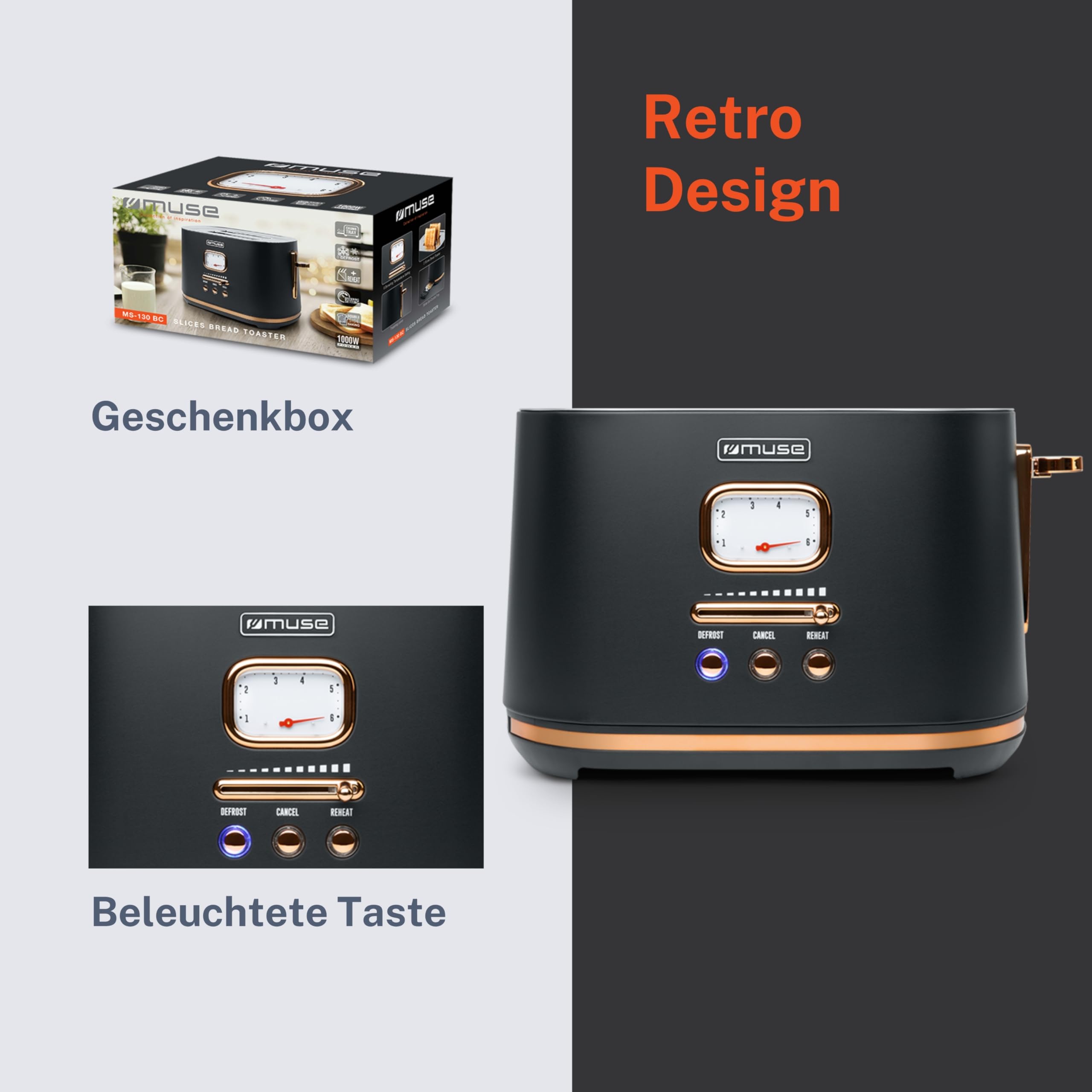 Muse Edelstahl-toaster im schwarzen retro Design, analoge Anzeige, beleuchtete Tasten, 6 Bräunungsstufen, 2 Scheiben, MS-130 BC, Vintage Look, mit Krümelschublade