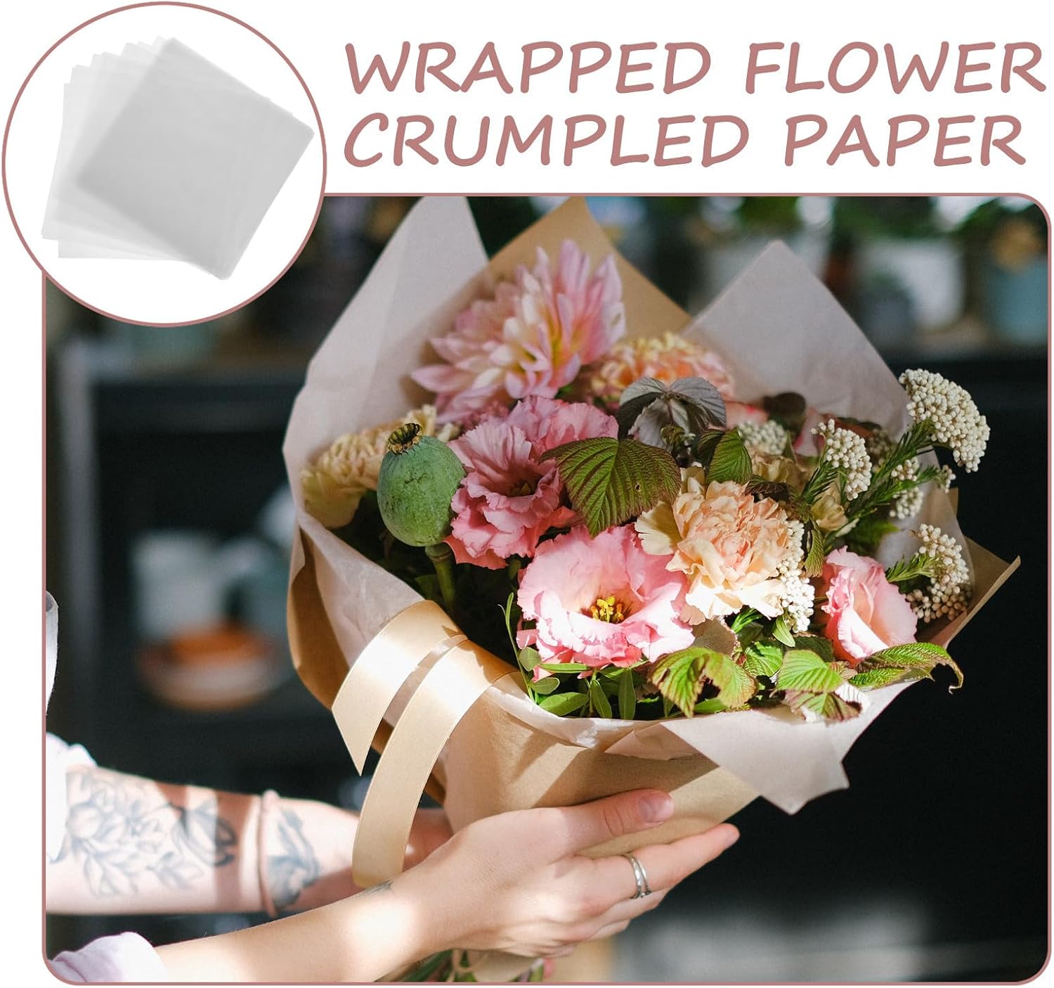 CATIEBYE Fiber Packing Tissue Paper and Versatile Use with Enhanced Durability 50 Sheets White Creative Floral Paper for Flower Wrapping for Bouquet and Present
