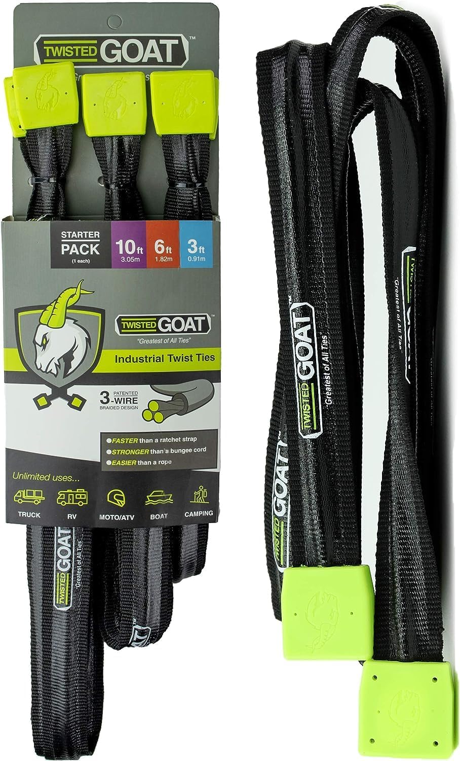Twisted Goat Industrial Twist Ties, Ratchet Tie Down Straps with 3-Wire Braided Design, Heavy Duty Cargo Straps, Gear Ties, Reusable Ratchet Straps, Camper Accessories (10-Ft 2-Pack)