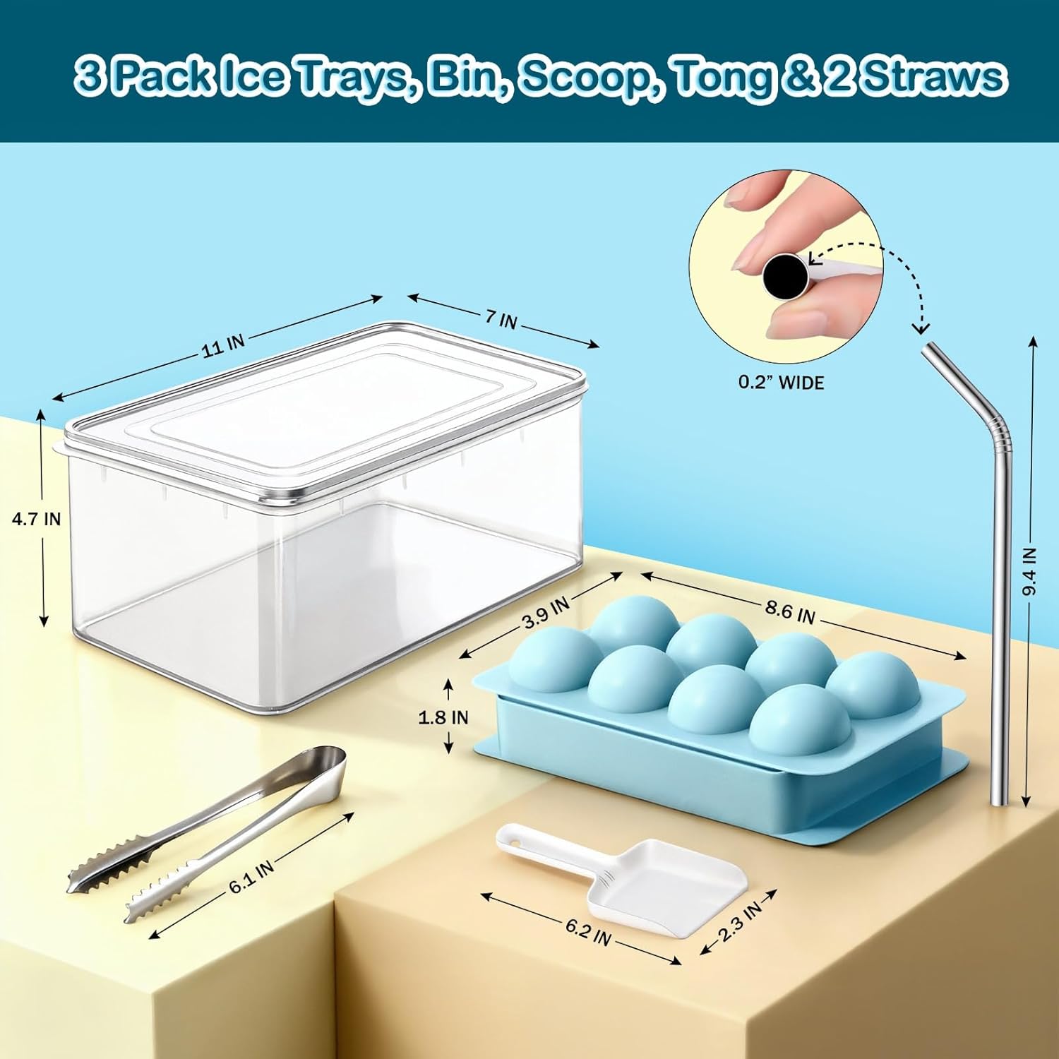 14 Grids Ice Cube Trays Set & 8 Circles Ice Cube Trays Set - 7 Trays, 2 Bins, 2 Scoops, 2 Tongs & 4 Straws