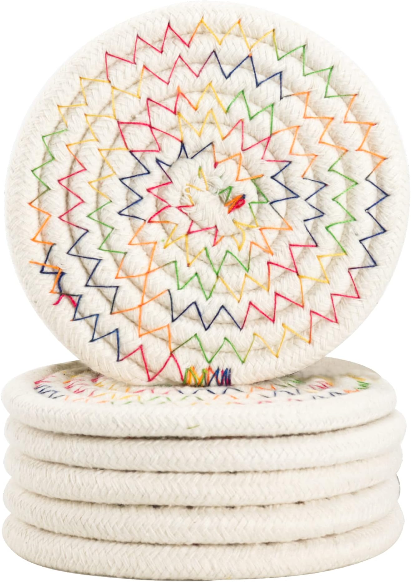Coasters for Drinks, Vintage Woven Coasters for Table Protection, Water Absorbent Coaster Set, Handmade Braided Fabric Coasters Heat-Resistant (Colorful, 6)