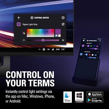 Elgato Light Strip Işık Şeridi, RGBWW Led, 16M Renk ve Sıcaklık Ayarlı Ekstra Beyaz Led, 2000 Lümen, Mobil&Windows&Mac Uygulamaları ve Stream Deck ile Kontrol Edilebilir (10LAA9901)