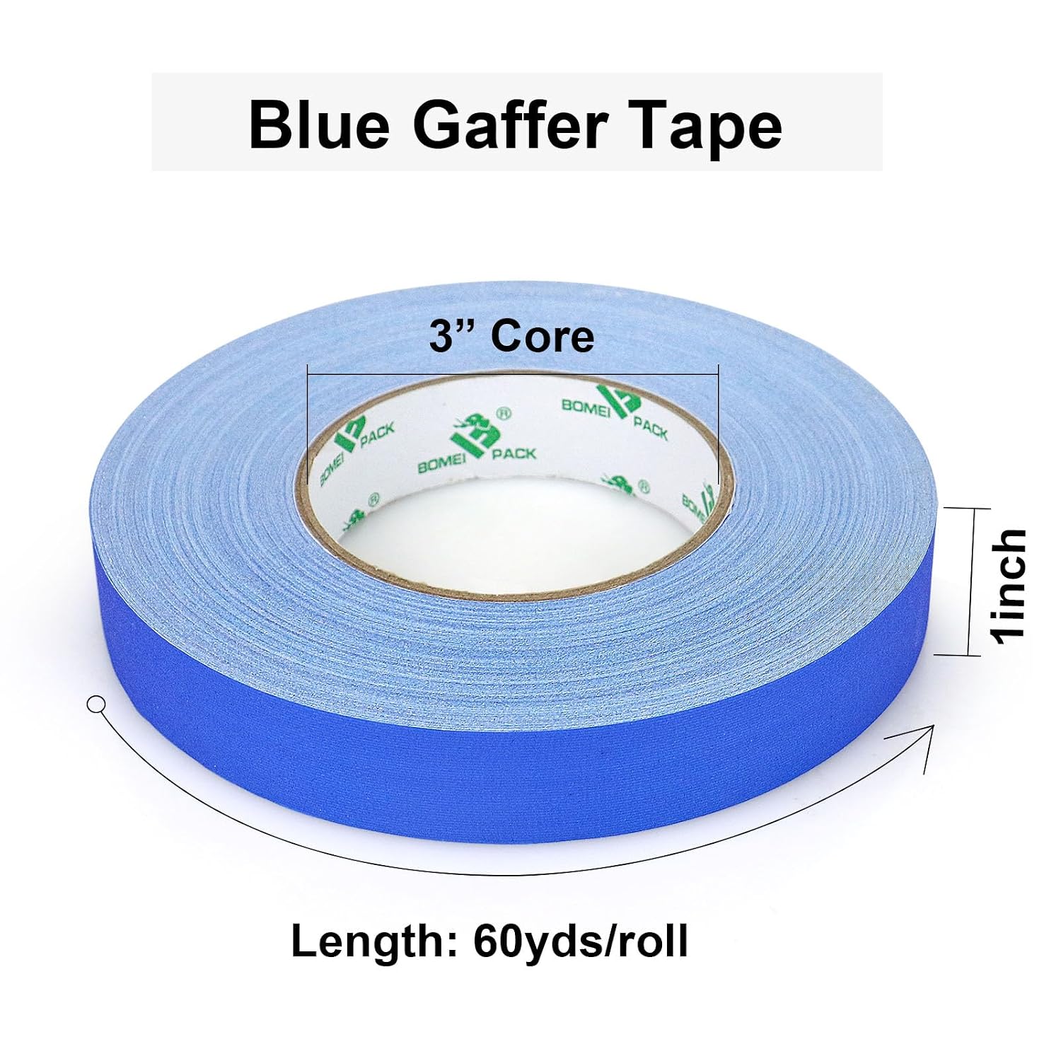 BOMEI PACK 1 Pack Blue Gaffer Tape, Matte Non-Reflective, 1inch x 60yds No Residue Hand Tear Self-Adhesive Gaffer Tape for Labeling, Cable, Stage, Photo Studio, Painters and Duct Repair