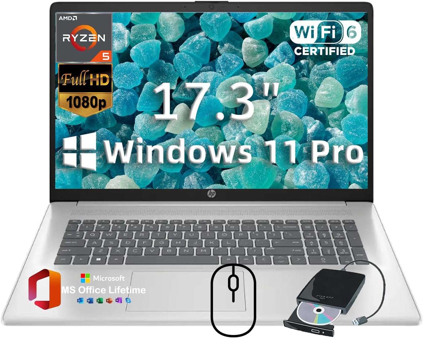 HP 17.3" Business Student Laptop • w/Office Lifetime & External DVD Drive • AMD Ryzen 5 7430U • FHD (1920 x 1080) IPS Display • Wi-Fi 6 • Win 11 Pro • 64 GB RAM • 2TB SSD • Natural Silver