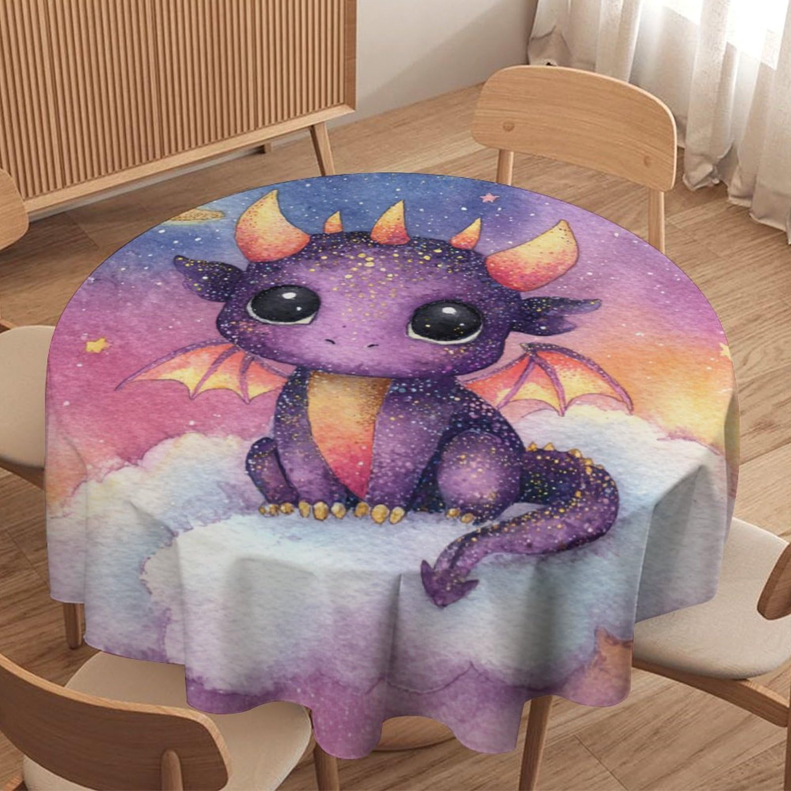 LUYYSKY Funny Cute Dragons Waterproof Round Tablecloth Cartoon Oil Painting Galaxy Starry Sky Fantasy Animals Dragons Pattern Washable Table Cover for Kitchen-91.4" Wx91.4 L cm