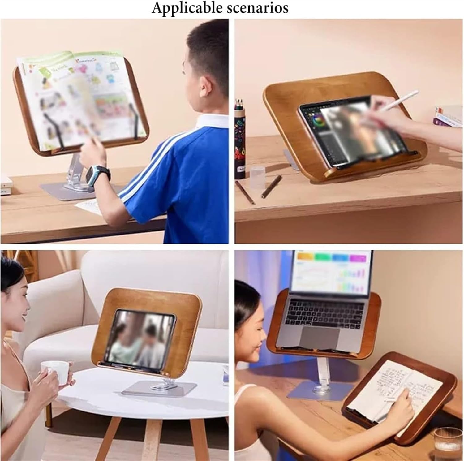 Book Stand for Reading, Adjustable Holder with 360° Rotating Base & Page Clips, Foldable Desktop Ricer for Cookbook,Sheet Music,Laptop,Recipe,Textbook (Natural) (Natural)