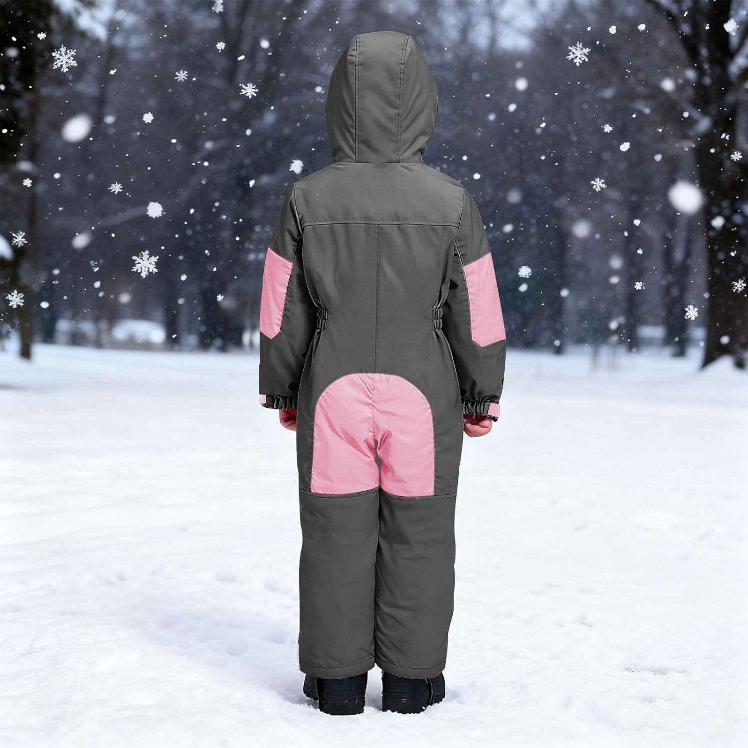 Kids Winter Snowsuit Girls Waterproof Warm Fleece-Lined One Piece Ski Suit Cozy Outdoor Snowboarding Hooded Jumpsuit