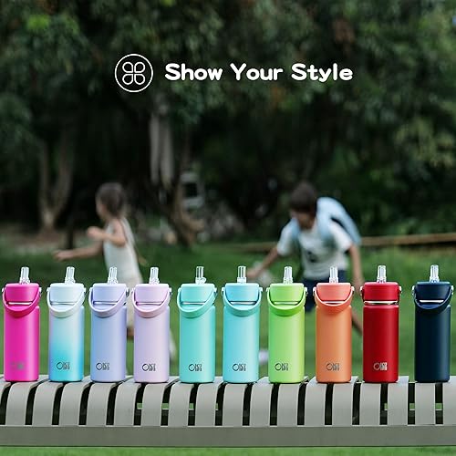 Miniatura 6 de OISIZ Botella de agua para niños con tapa con popote, de 14 onzas, botellas de agua de acero inoxidable 316 aisladas al vacío para niños, para la