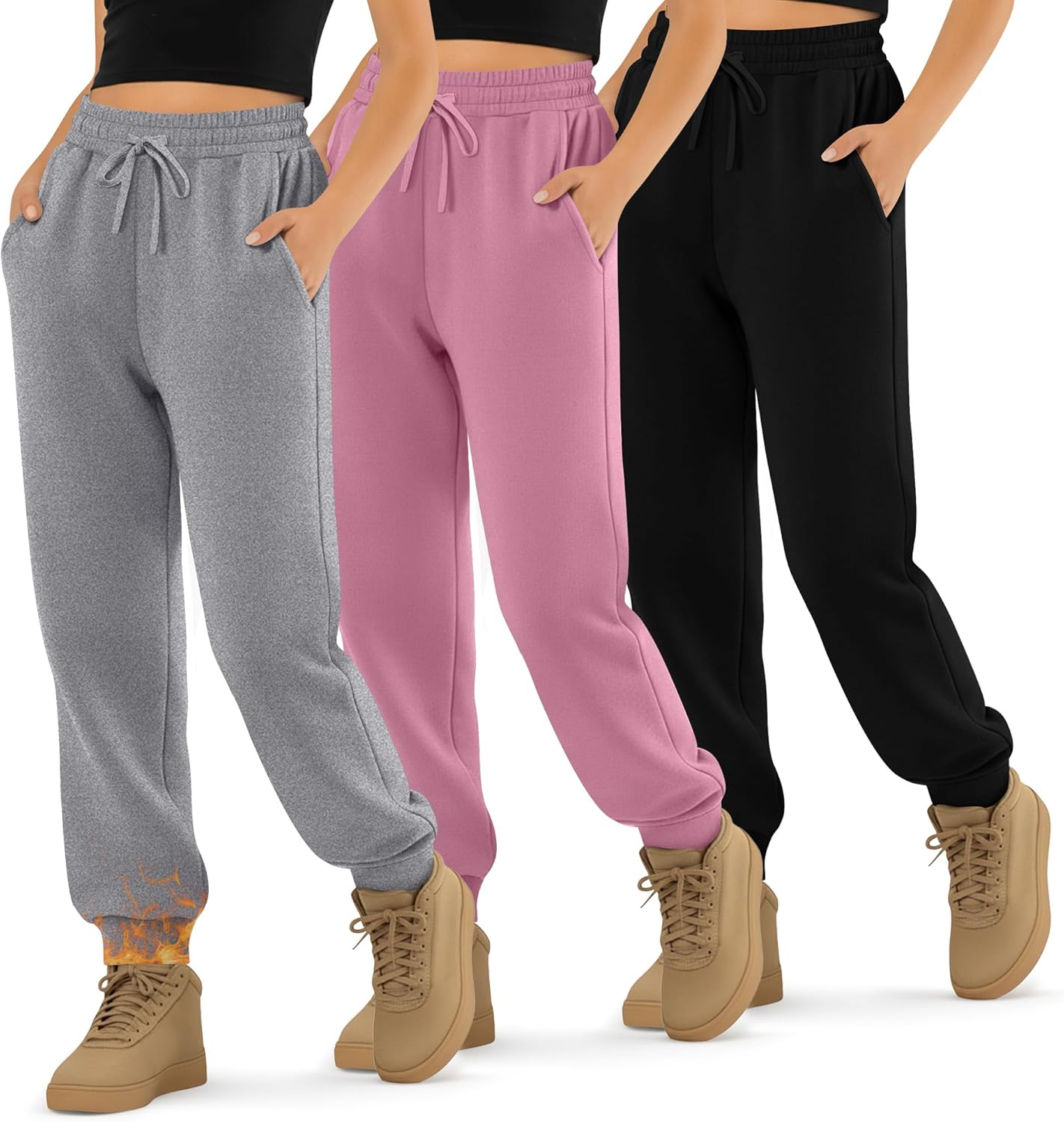 LessonZoo 3 Pack Girls' Sweatpants Active Fleece Soft Athletic Jogger Pants for Kids Youth with Pockets Drawstring